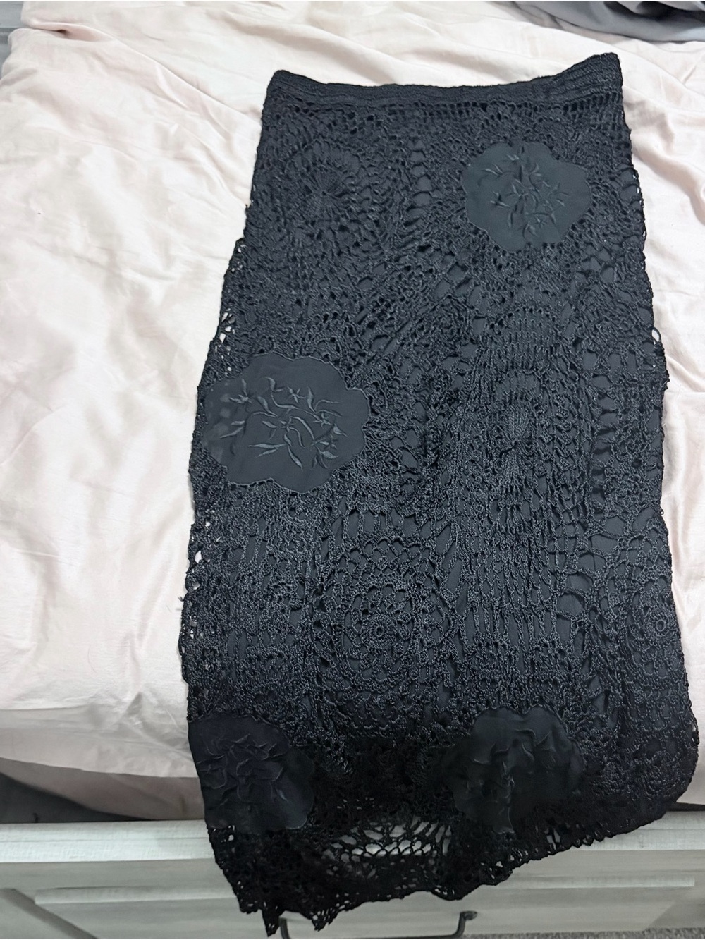 Black Crochet Maxi Skirt with Floral Appliqué